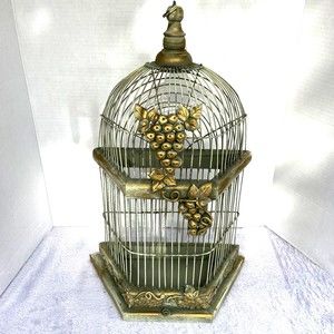 Vintage MCM 60s 70s Metal/Wood Hanging Ornate Decorative Bird Cage Shabby Chic